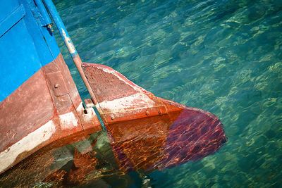 High angle view of abandoned boat moored on sea