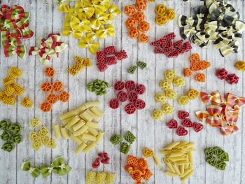 High angle view of multi colored candies on table