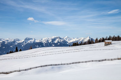 Scenic view of snow covered mountains against sky