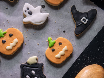 High angle view of cookies on table
