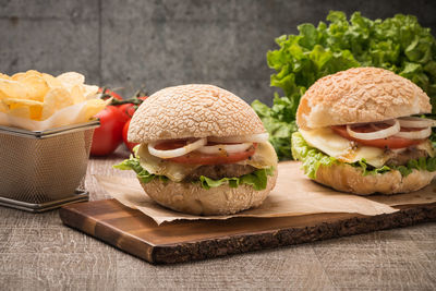 Close-up of burger on cutting board