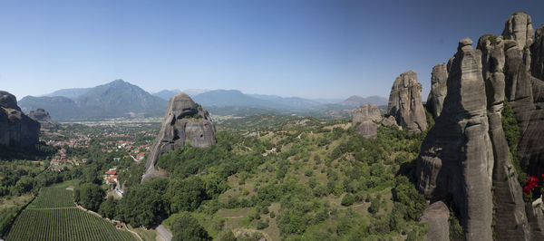 Panoramic view of mountains against clear sky