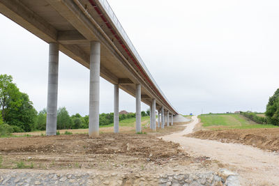 Bridge over road amidst field against clear sky