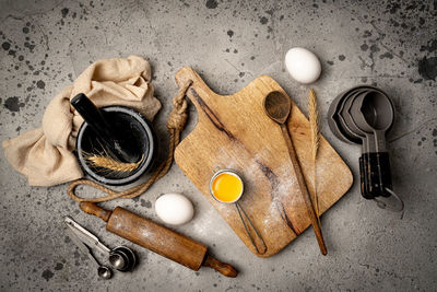 High angle view of objects on table