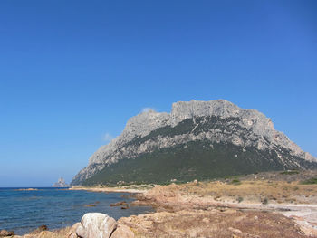 Scenic view of mountain and sea against blue sky