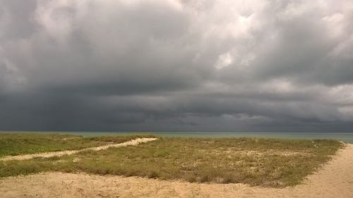 Scenic view of field against cloudy sky