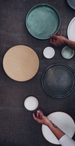 High angle view of person preparing food on table