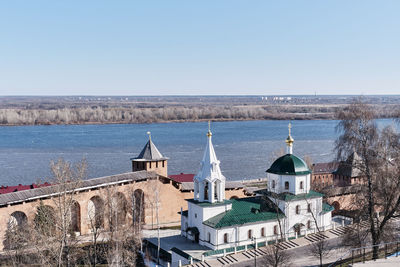 Church of recreated simeon stylite on territory of nizhny novgorod kremlin, volga river.