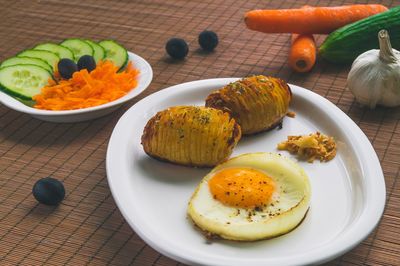High angle view of breakfast served on table