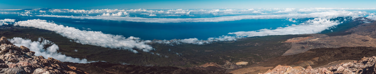 Panoramic view of sea and mountains against sky