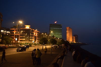 View of city lit up at night