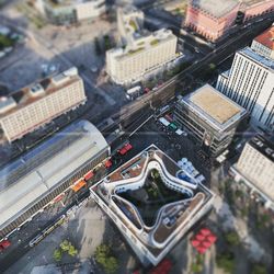 High angle view of vehicles on road in city