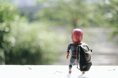 Rear view of boy climbing on tree