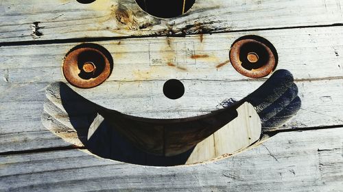 Close-up of anthropomorphic face on wood