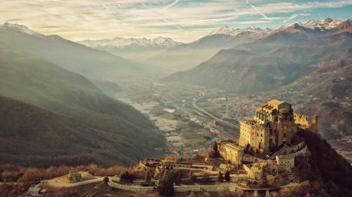 High angle view of castle against mountains