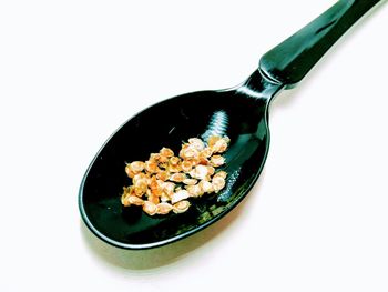 High angle view of food in bowl against white background