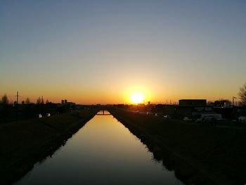 Scenic view of lake against clear sky during sunset