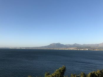 Scenic view of sea against clear blue sky