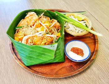 High angle view of food served on table