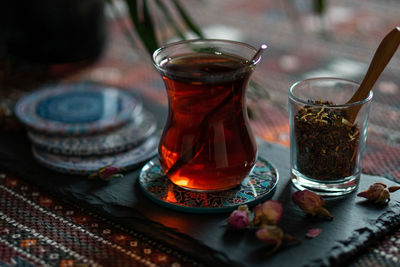 Close-up of drink in glass jar on table