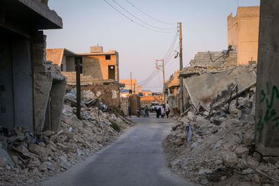 Night photo of the destruction of residential houses after the bombing