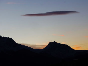 Scenic view of mountains against sky at sunset