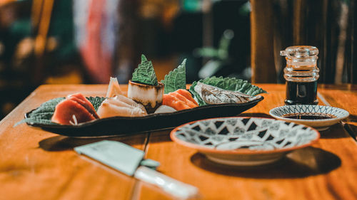 Close-up of food served on table in restaurant