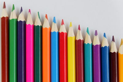 Close-up of colored pencils against white background