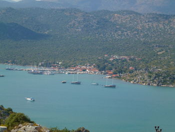 High angle view of sailboats by sea