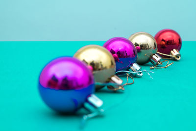 High angle view of toys on table against blue background