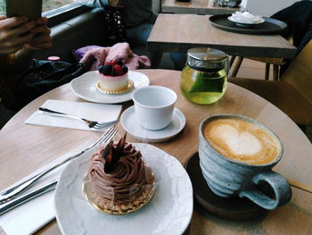 High angle view of coffee served on table