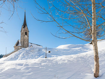 Snow covered trees against sky