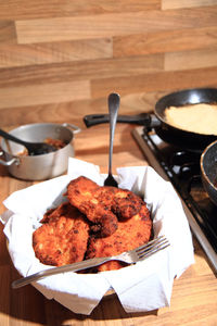 High angle view of food in plate on table