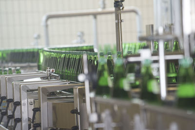 Bottling of mineral water in green bottles, in an industrial plant