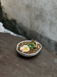 High angle view of food in plate on table