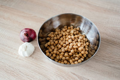 High angle view of eggs in bowl on table