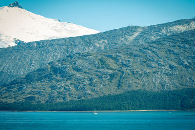 Scenic view of sea by mountains against sky