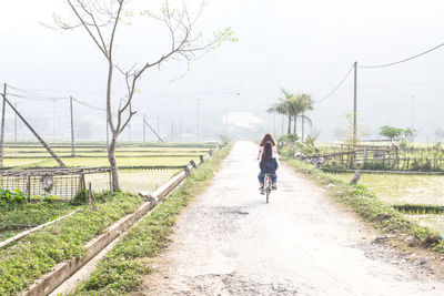 Rear view of woman walking on footpath