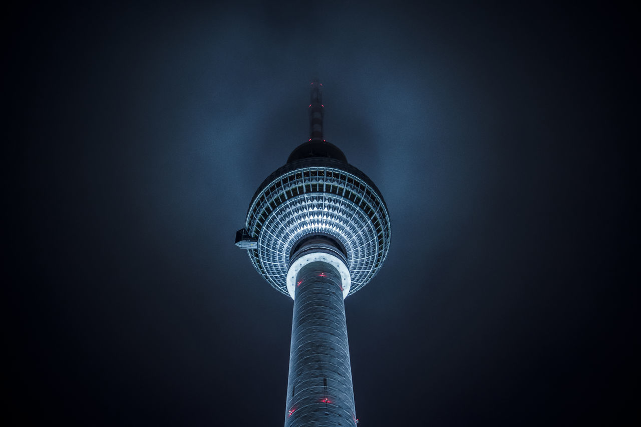 architecture, built structure, tall - high, building exterior, travel destinations, illuminated, tower, night, low angle view, tourism, dome, outdoors, travel, no people, modern, television tower, city, sky, skyscraper