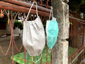 Close-up of clothes drying on clothesline