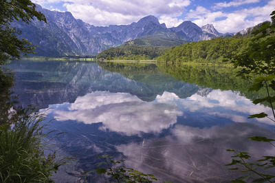 Scenic view of lake and mountains against sky