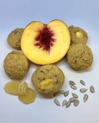 Close-up of cookies against white background