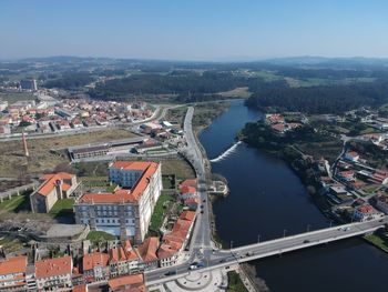 High angle view of town in river