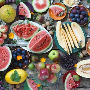 High angle view of fruits on table