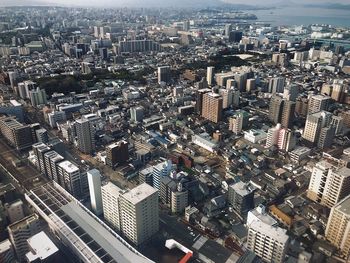 High angle view of modern buildings in city