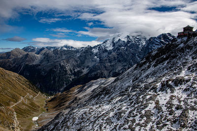 Scenic view of snowcapped mountains against sky