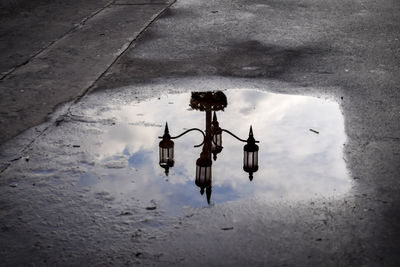 Reflection of street light on puddle during monsoon