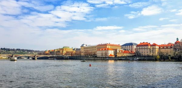 Bridge over river with buildings in background