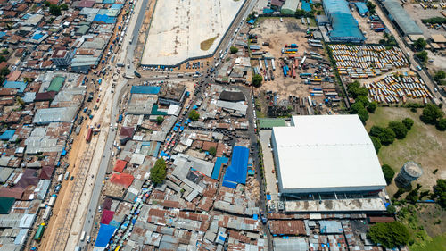 High angle view of buildings in city