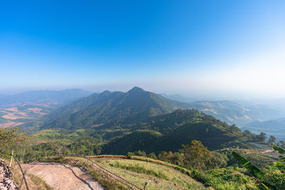 Scenic view of mountains against clear blue sky